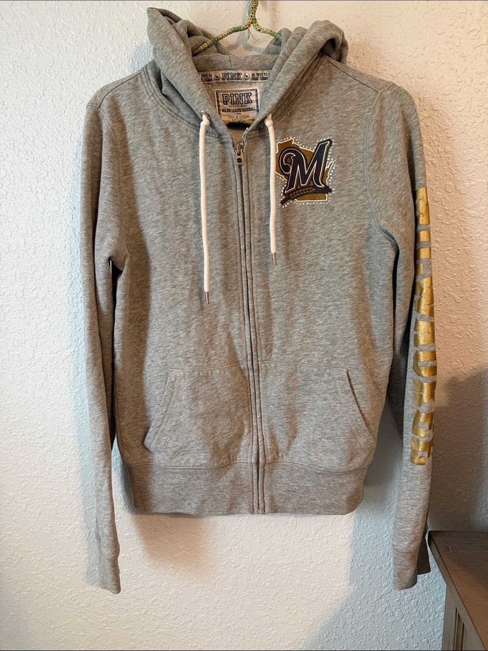 PINK Victoria's Secret MILWAUKEE BREWER Gray Zip-Up Hoodie with Gold Sleeve